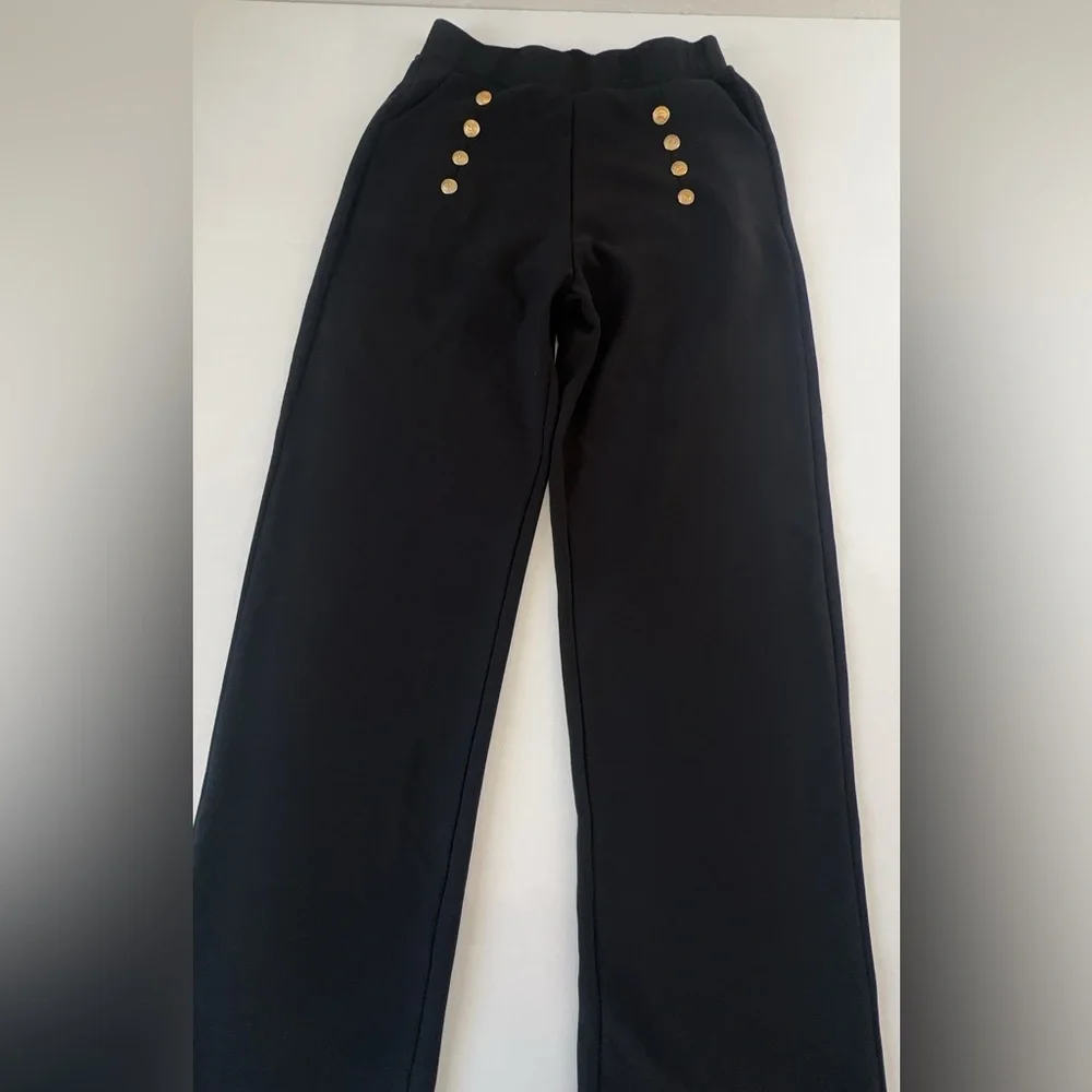 A4 Sports Black Pants with Gold Buttons Women’s Size L – Stretch Dressy Trouser - Picture 3 of 10